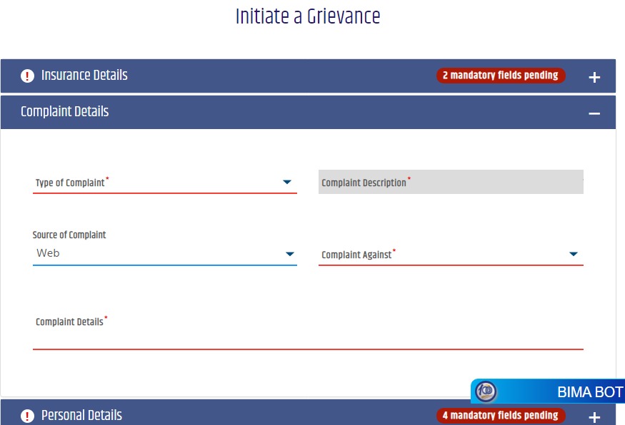 Online Grievance initiation guidance (screenshot) NIA