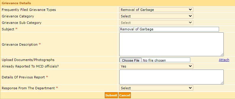 Grievance Registration Online Form of MCD (Screenshot to guide)