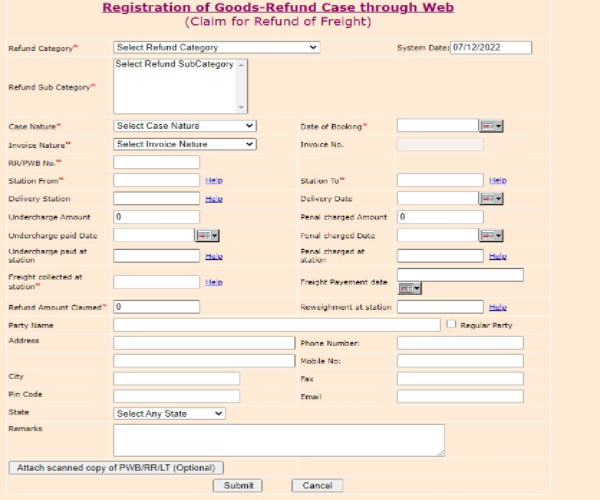 Online Form of Railway Refund Claims for Freight Goods (Screenshot of the form)