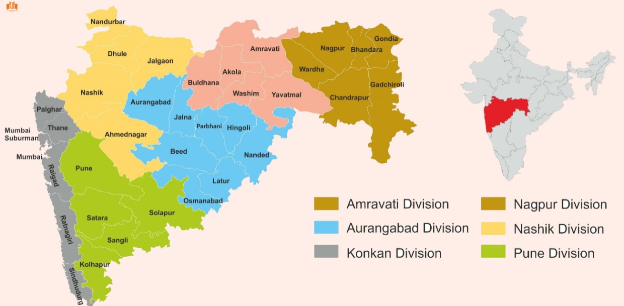 जिलों और मंडलों के साथ महाराष्ट्र का नक्शा