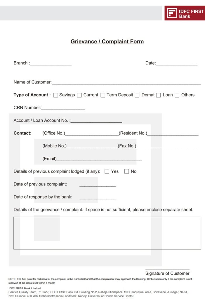Format of IDFC First Bank Grievance Registration Form