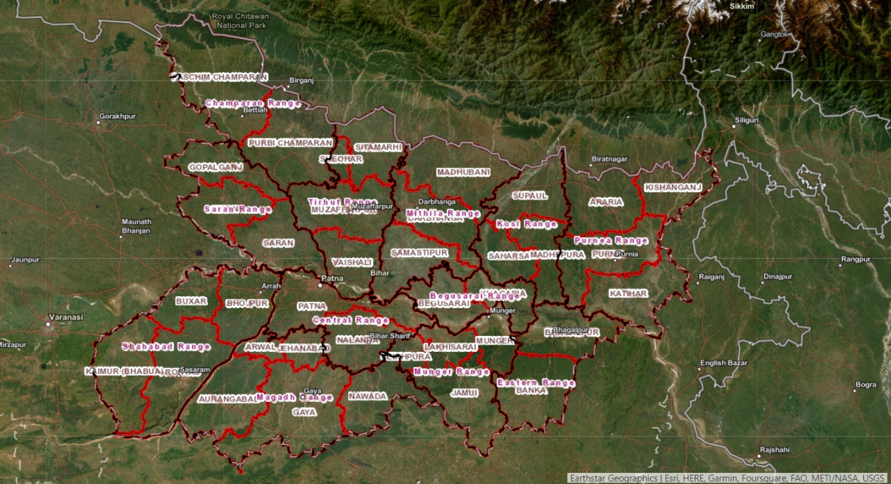 Map of Bihar Police administration (Range with districts)