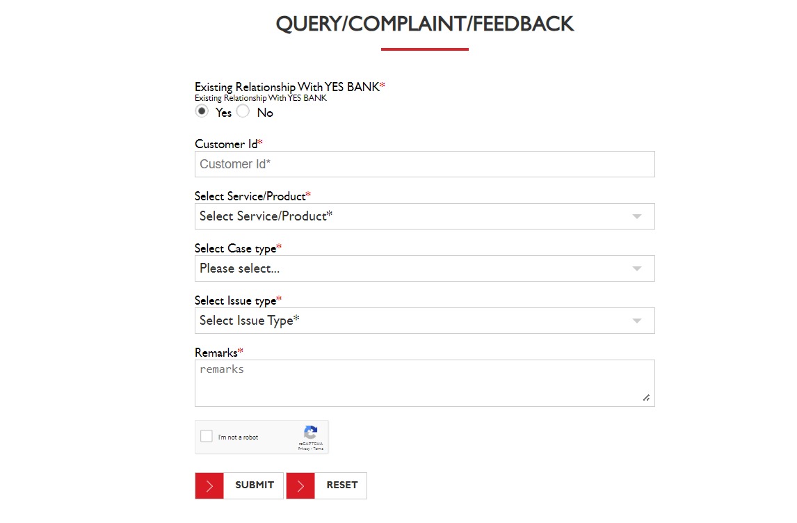 YES Bank online complaint form