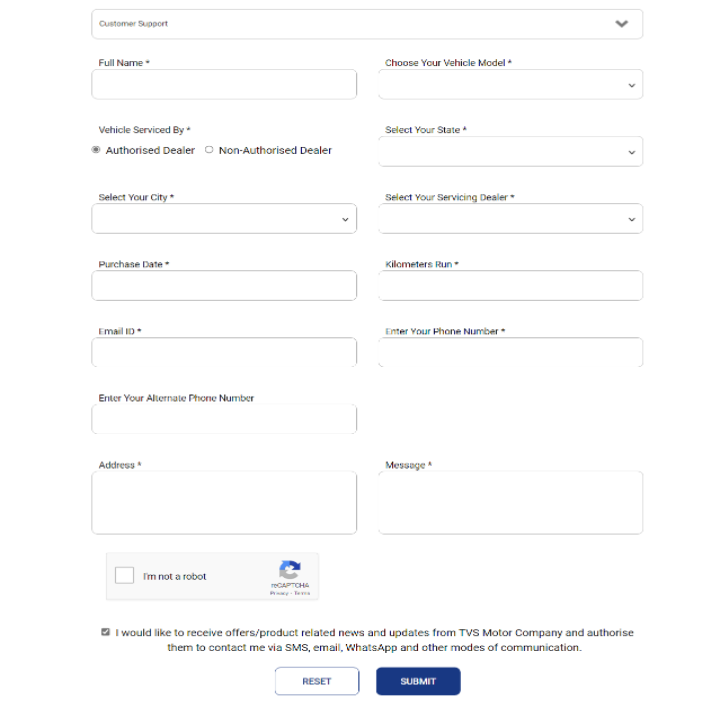 Online vehicle complaint registration form of TVS Motor