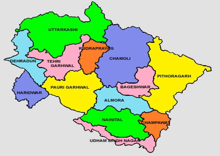 उत्तराखंड राज्य का मानचित्र जिलों सहित