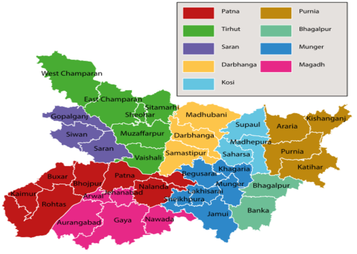 जिलों और प्रशासनिक प्रभाग के साथ बिहार का मानचित्र