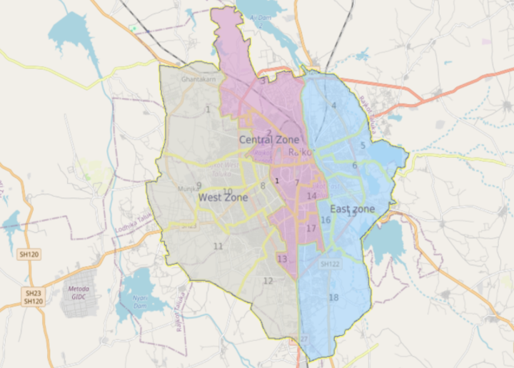जोन और वार्डों के साथ राजकोट नगर निगम का मानचित्र