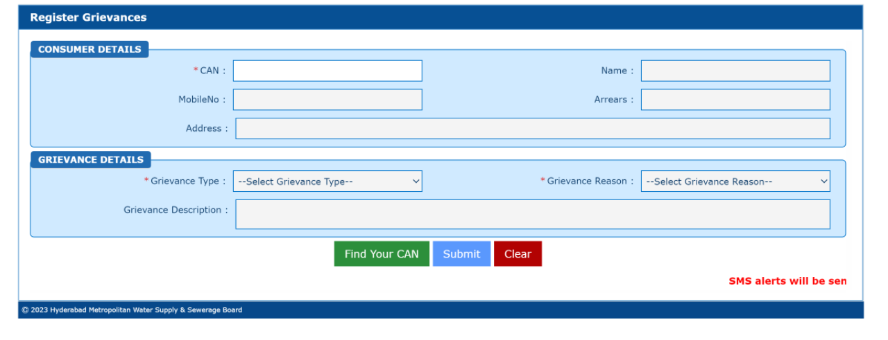 Online Grievance Form of Hyderabad Water Board
